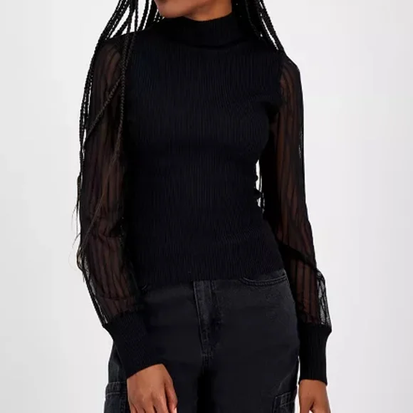 Ribbed Woven-Sleeve Mock-Neck Sweater - Picture 1 of 1